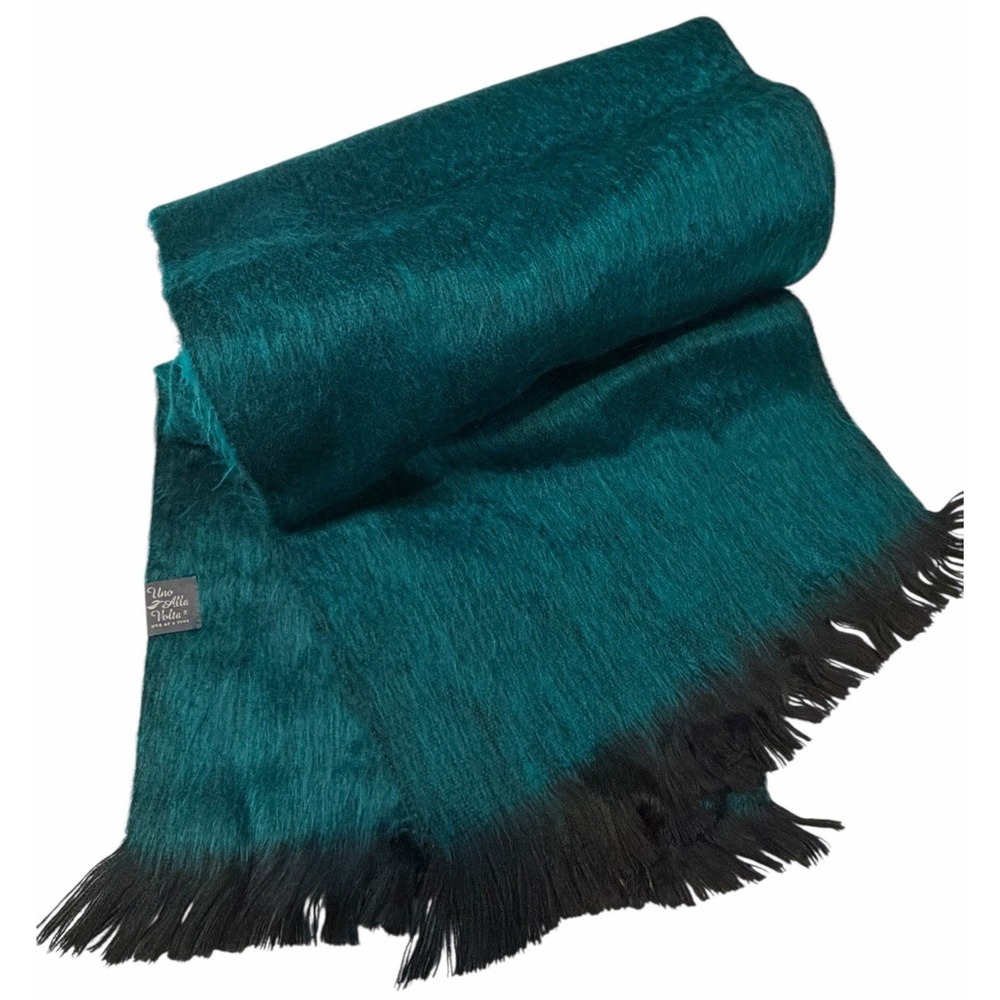 Uno Alla Volta Alpaca Blend Scarf Dark Turquoise Black Fringe Luxury 78"x11 1/2"